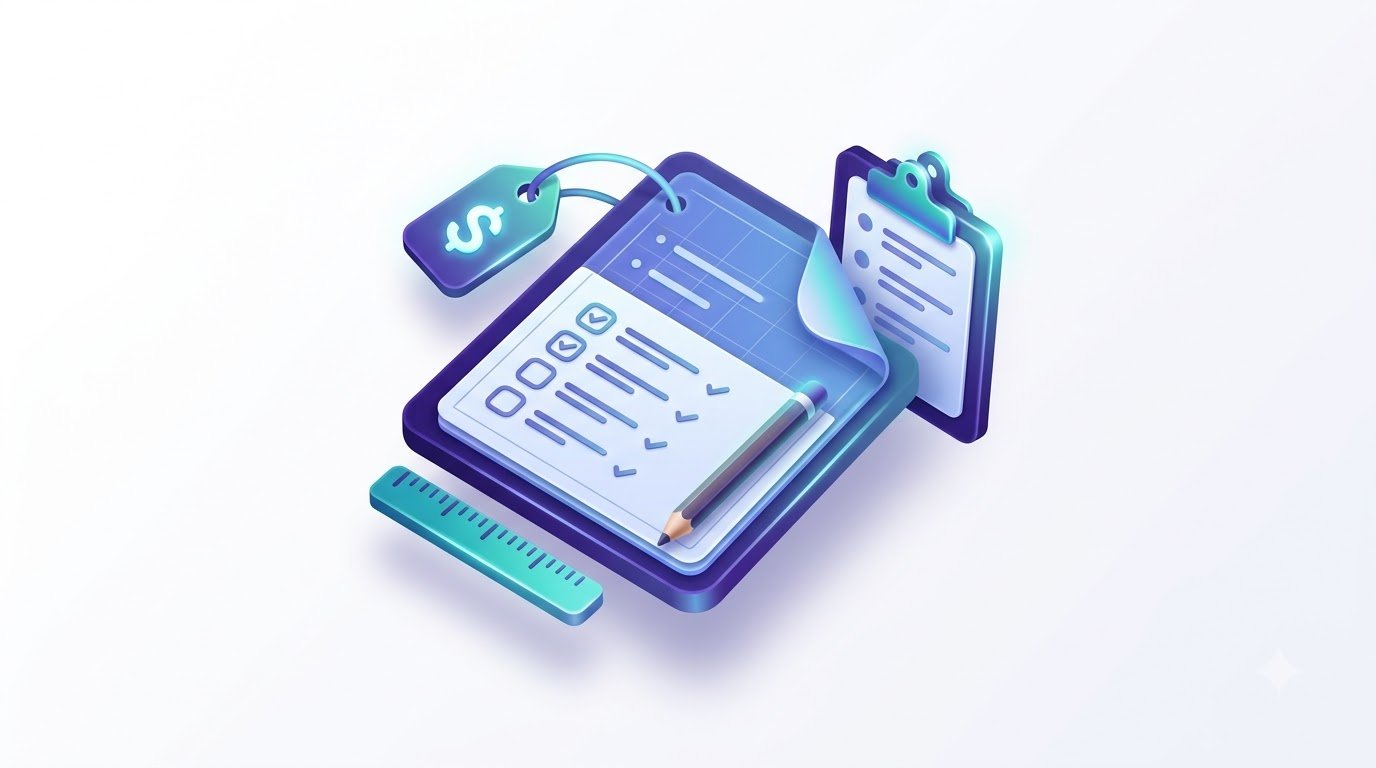 Illustration of a scoped project proposal document with a checklist and price tag