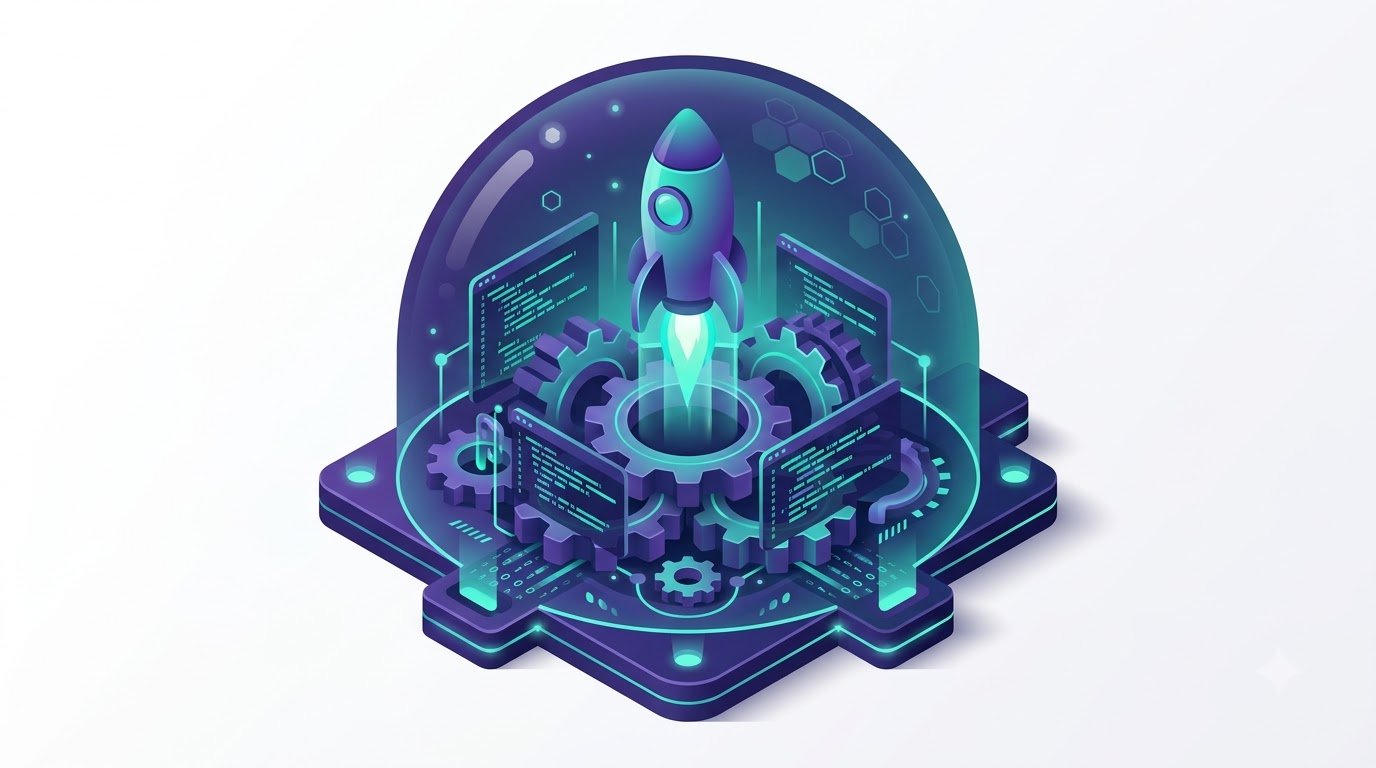 Illustration of a gear-and-code assembly with a shield and a launching rocket, representing build, secure and launch