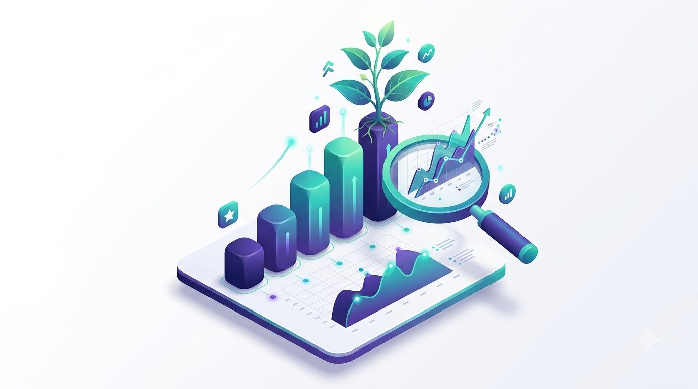 Illustration of an upward growth chart with a plant sprouting from it, representing measuring and growing