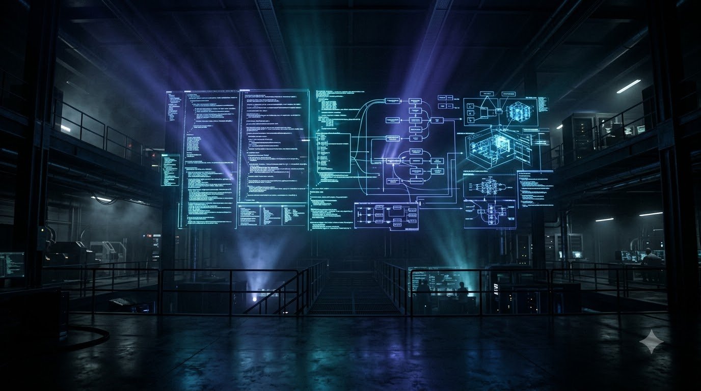 Cinematic view of a glowing holographic wall of code and software architecture diagrams, representing development
