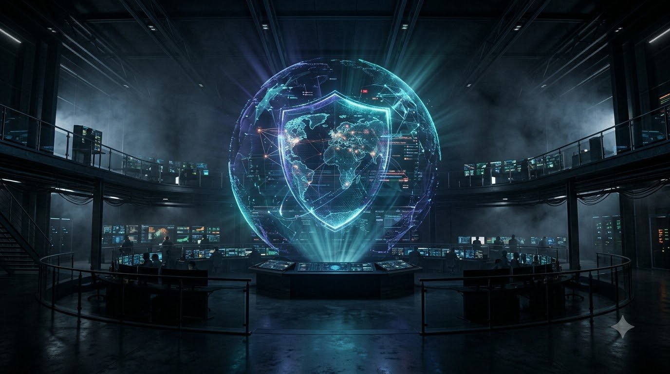 Cinematic view of a massive glowing holographic shield in a dark security operations room, representing cyber security